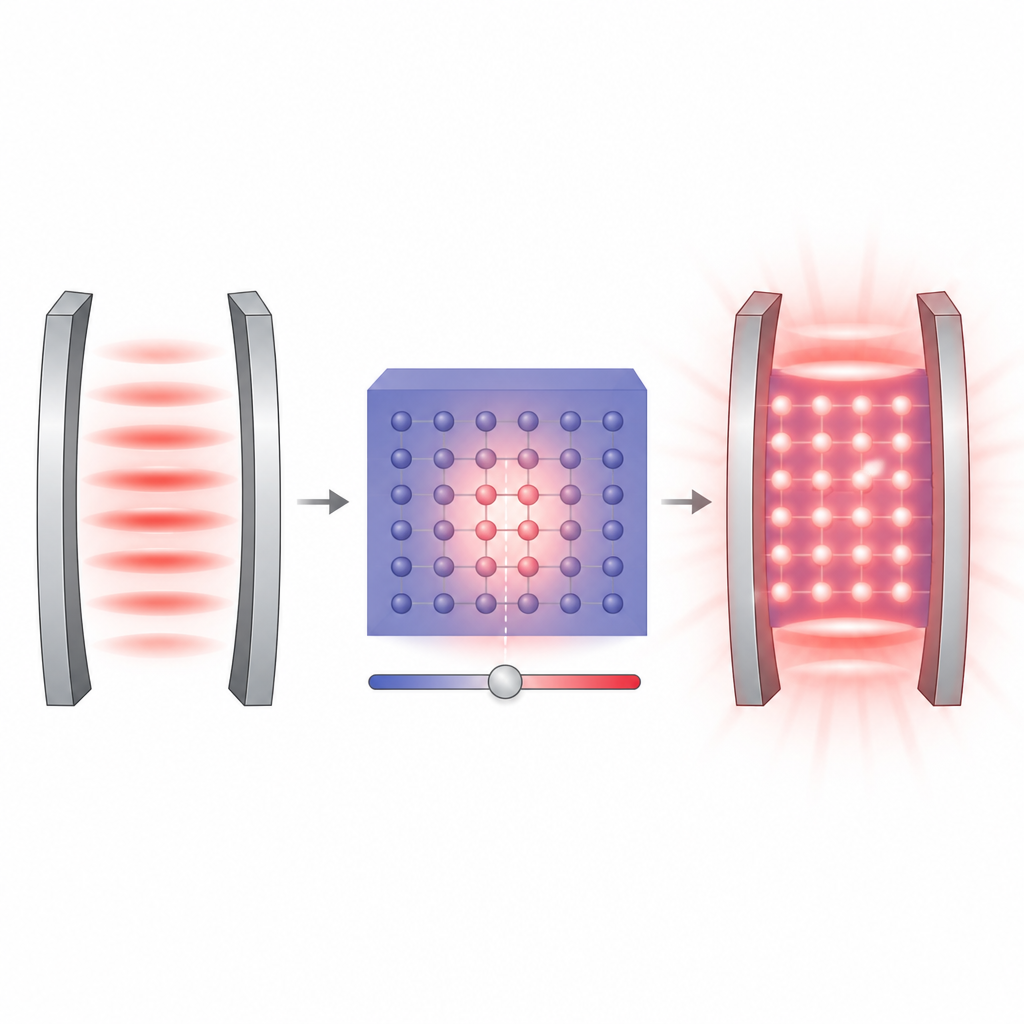 Figure 1. How a cavity of light and a quantum-tuned magnet team up to create a powerful collective glowing state