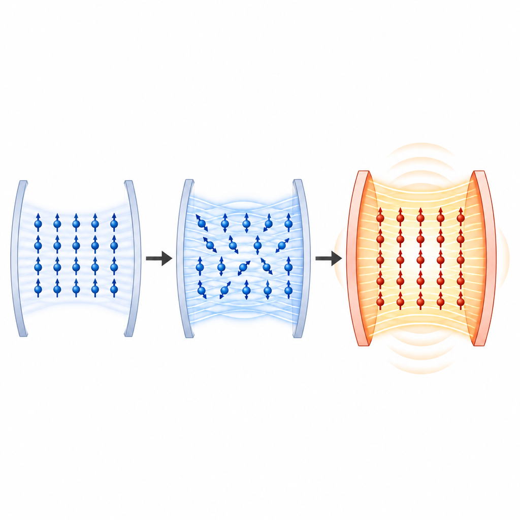 Figure 2. How direct coupling between cavity light and critical spins drives a step-by-step path into a superradiant quantum state