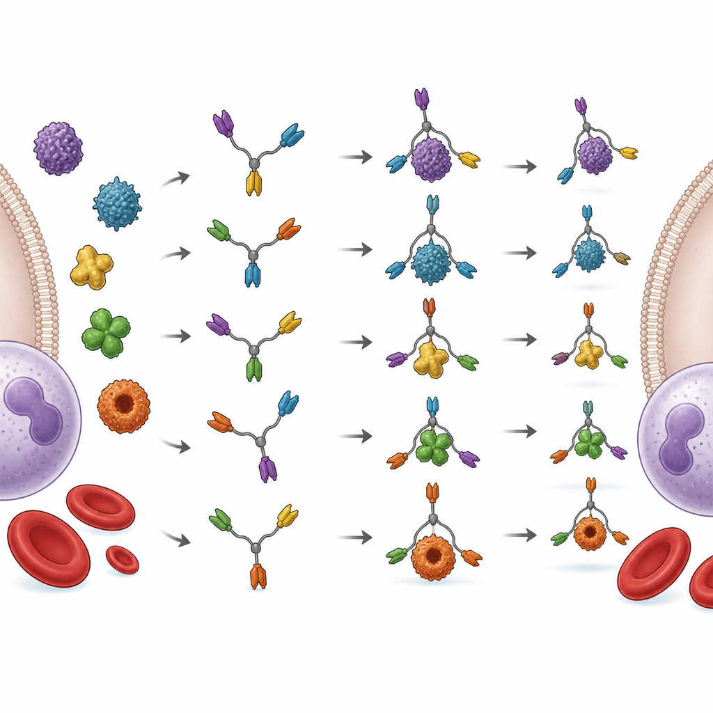 Figure 2. Schritt-für-Schritt-Ansicht modularer Nanobodies, die an mehrere Toxinarten andocken, um Zellen vor Schäden zu bewahren