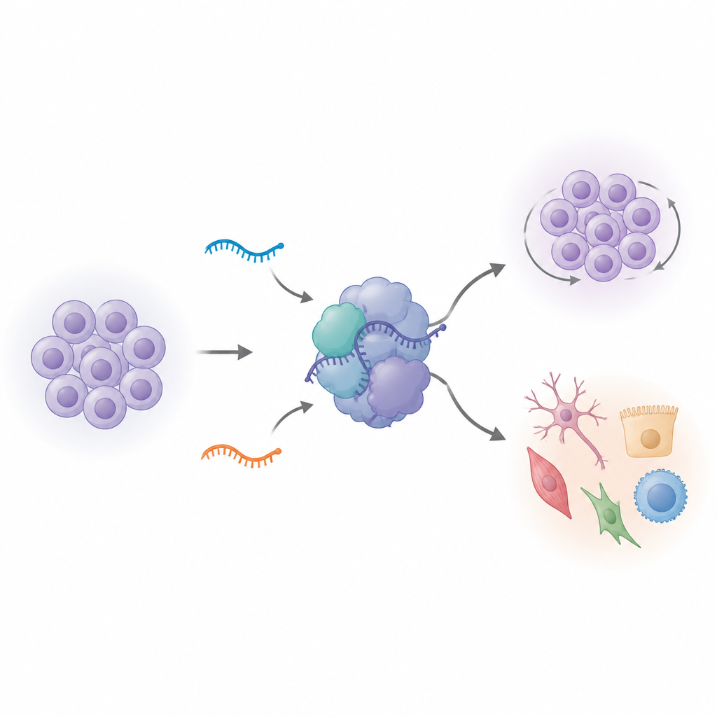 Figure 1. Hoe subtiele RNA-varianten stamcellen helpen het evenwicht te bewaren tussen zelfvernieuwing en de keuze gespecialiseerd te worden