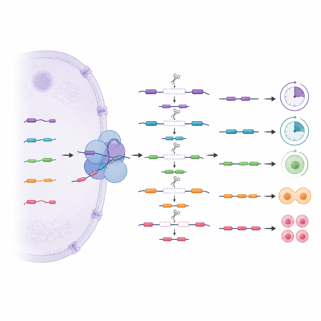 Figure 2. Stapsgewijze blik op hoe variant-RNAs het knippen van boodschappen hervormen om celdeling en signalen voor stamcelbestemming te veranderen