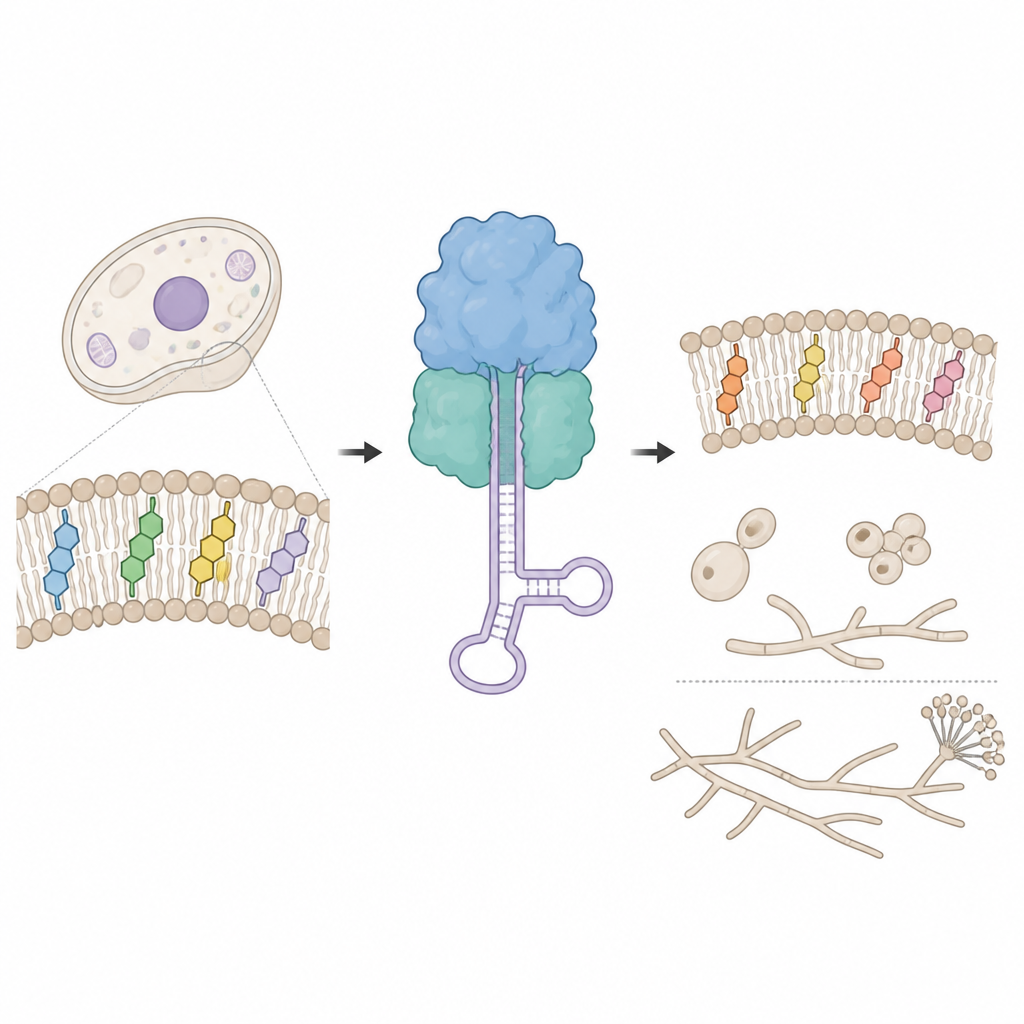 Figure 1. Wie Pilze einen winzigen RNA‑Arm verwenden, um Aminosäuren an Membranlipide zu heften und so Wachstum und Sporulation zu verändern.