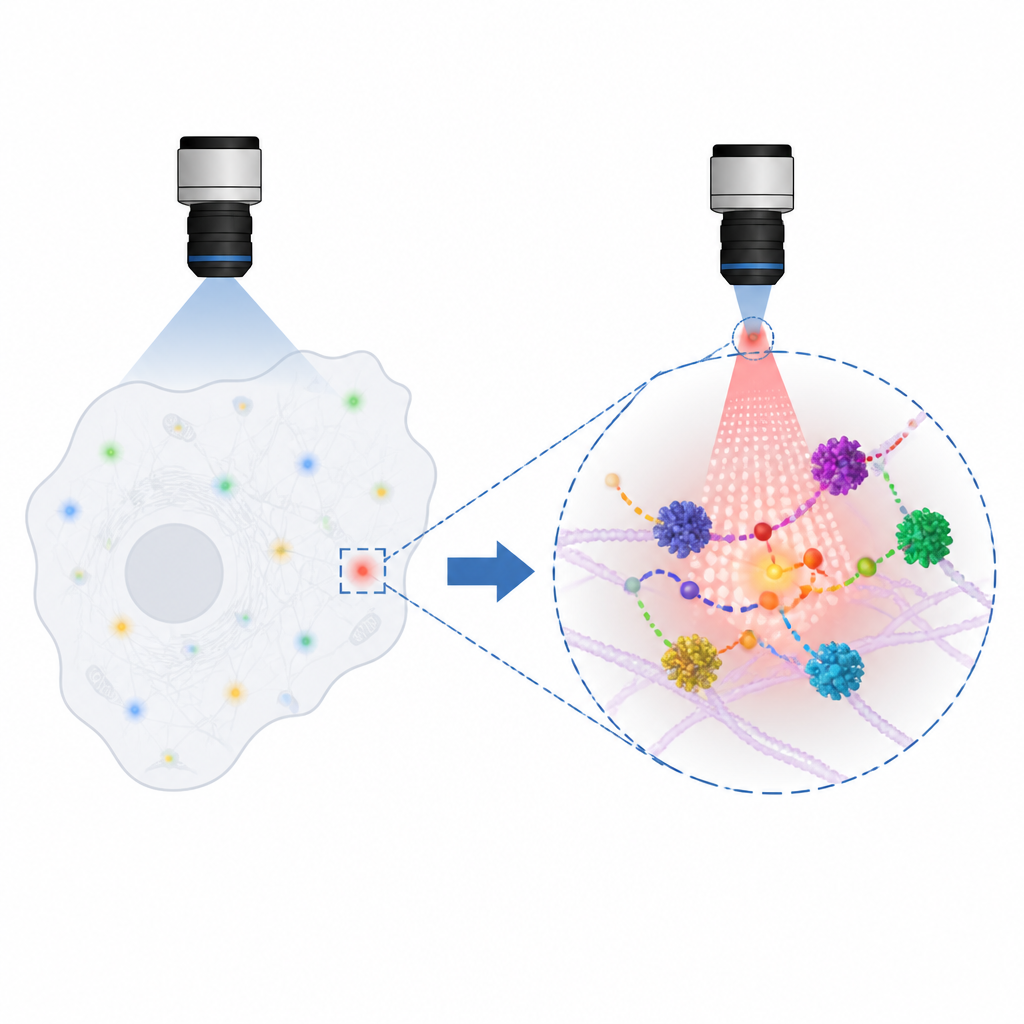 Figure 1. Das intelligente Mikroskop scannt Zellen breit und zoomt nur dann in winzige Hotspots, wenn dort relevante Aktivität auftritt.