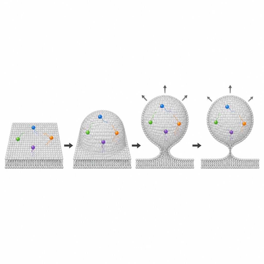 Figure 2. Detailsequenz einer flachen Membran, die sich wölbt und abschnürt, während einzelne Moleküle in 3D verfolgt werden.