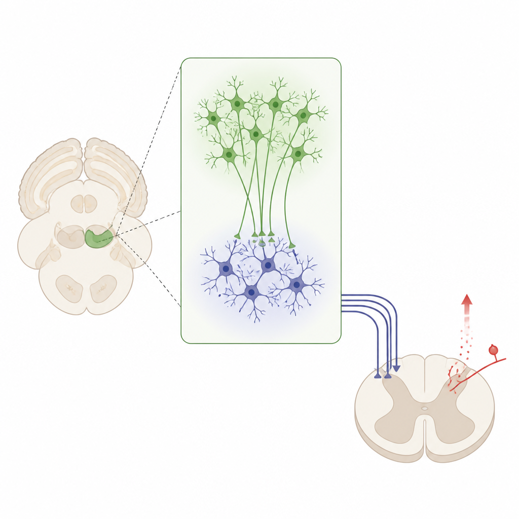 Figure 2. Midbrain neurons drive a deep brain relay that quiets pain pathways and becomes stronger with repeated activity.