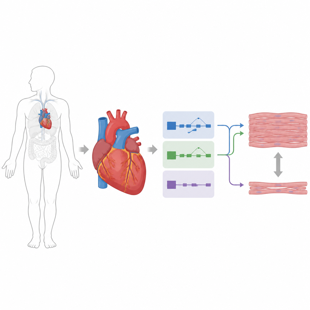 Figure 1. نسخ مختلفة من RBM20 تساعد القلب على تعديل صلابته ووظيفته أثناء النمو وفي حالات مرضية.