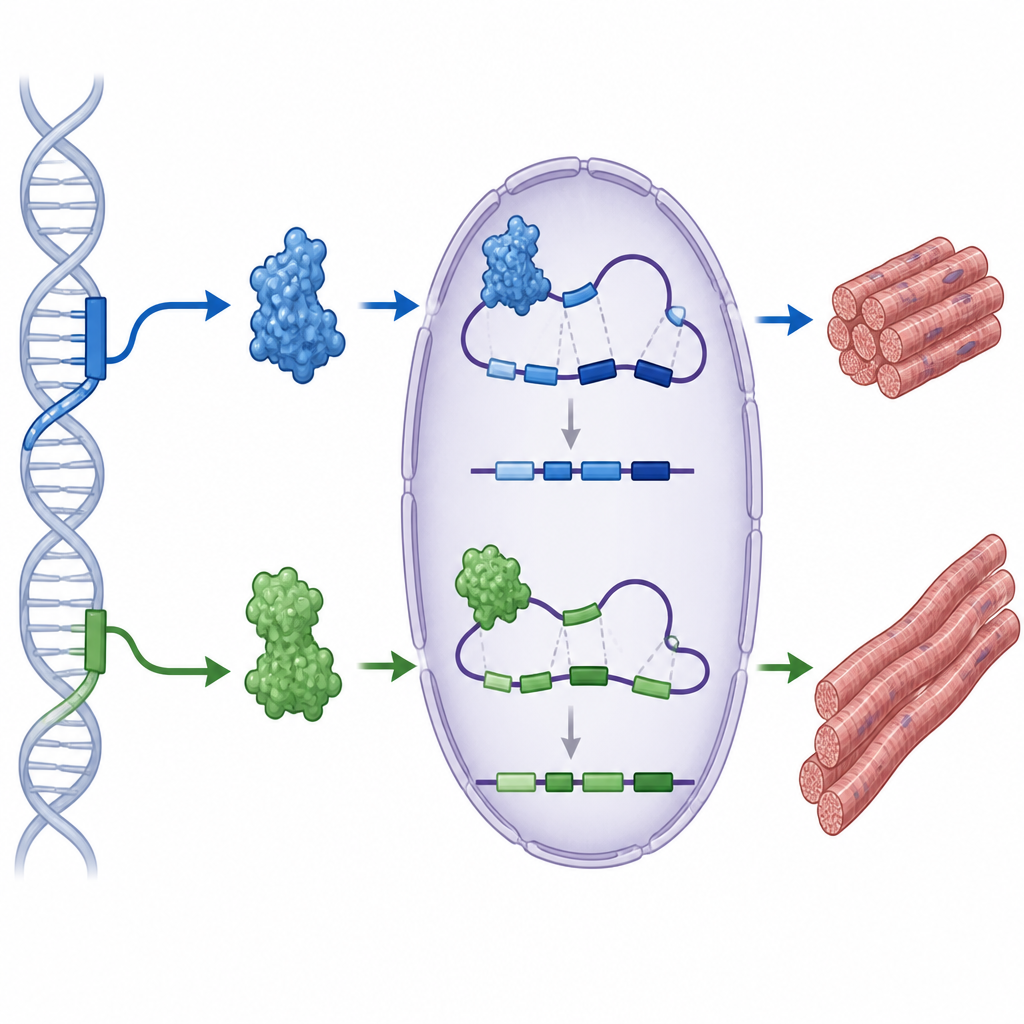 Figure 2. موقعا بدء نسخ منفصلان في RBM20 ينتجان متباينات بروتينية تعيد تشكيل رسائل الـRNA وتغيّر خصائص ألياف عضلة القلب.