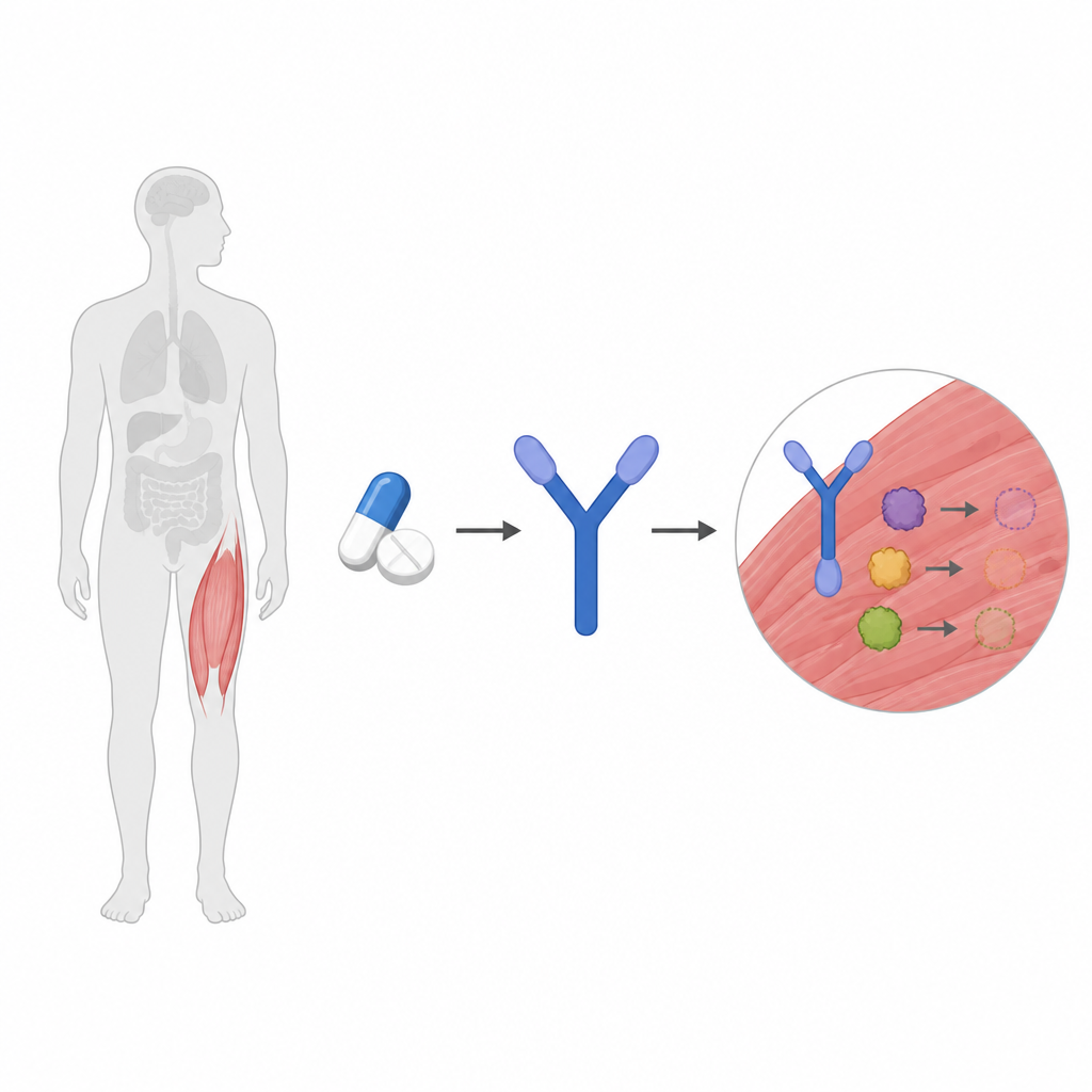 Figure 1. Un farmaco che sfrutta una proteina ausiliaria presente solo nel muscolo per eliminare proteine dannose all’interno delle cellule muscolari.