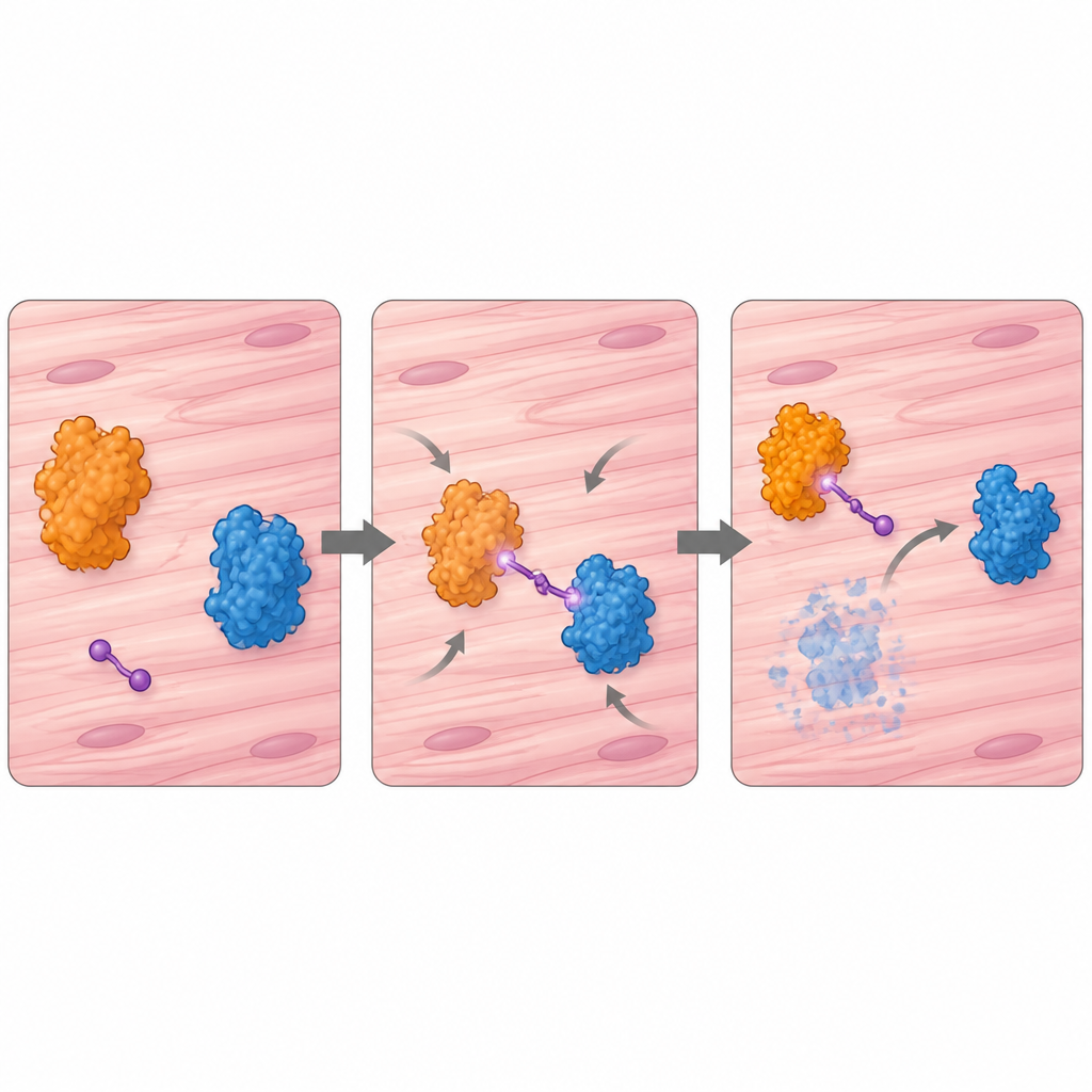 Figure 2. Un ponte covalente si ancora a una proteina ausiliaria muscolare e trascina ripetutamente i bersagli verso il sistema di smaltimento cellulare.