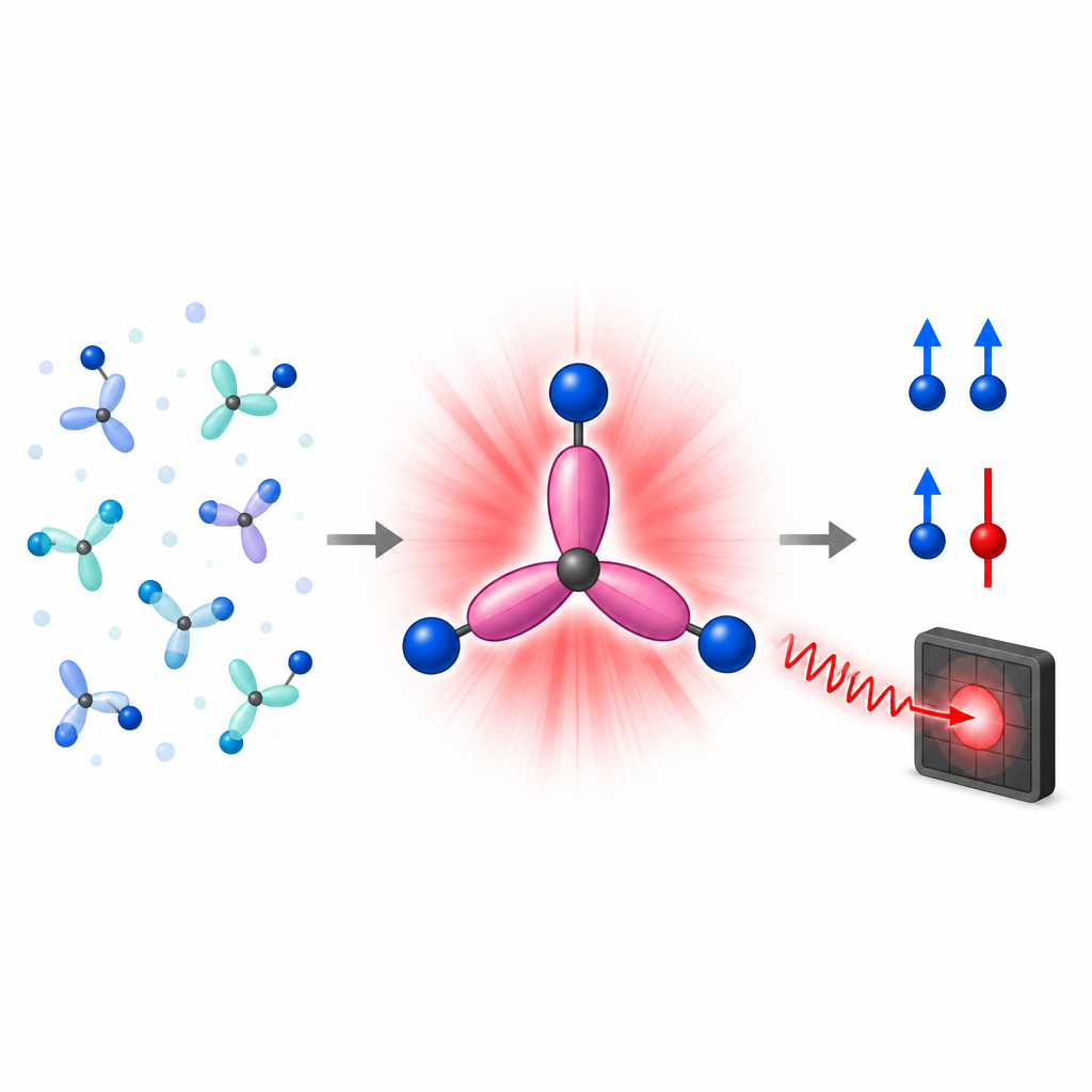 Figure 1. How redesigned radical molecules glow bright red while keeping useful spin properties for future quantum devices.