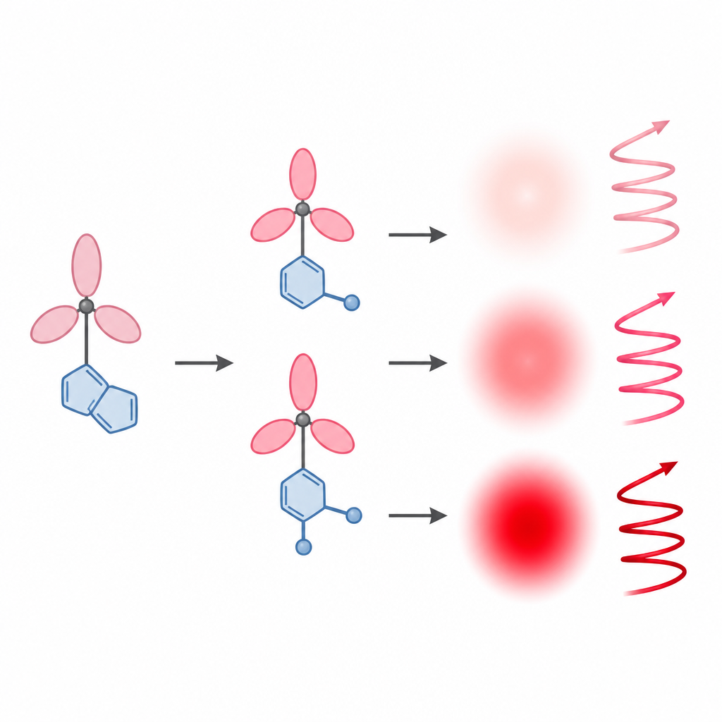 Figure 2. How tweaking attached donor units shifts color, boosts stability, and shapes circularly polarized emission in chiral radical molecules.