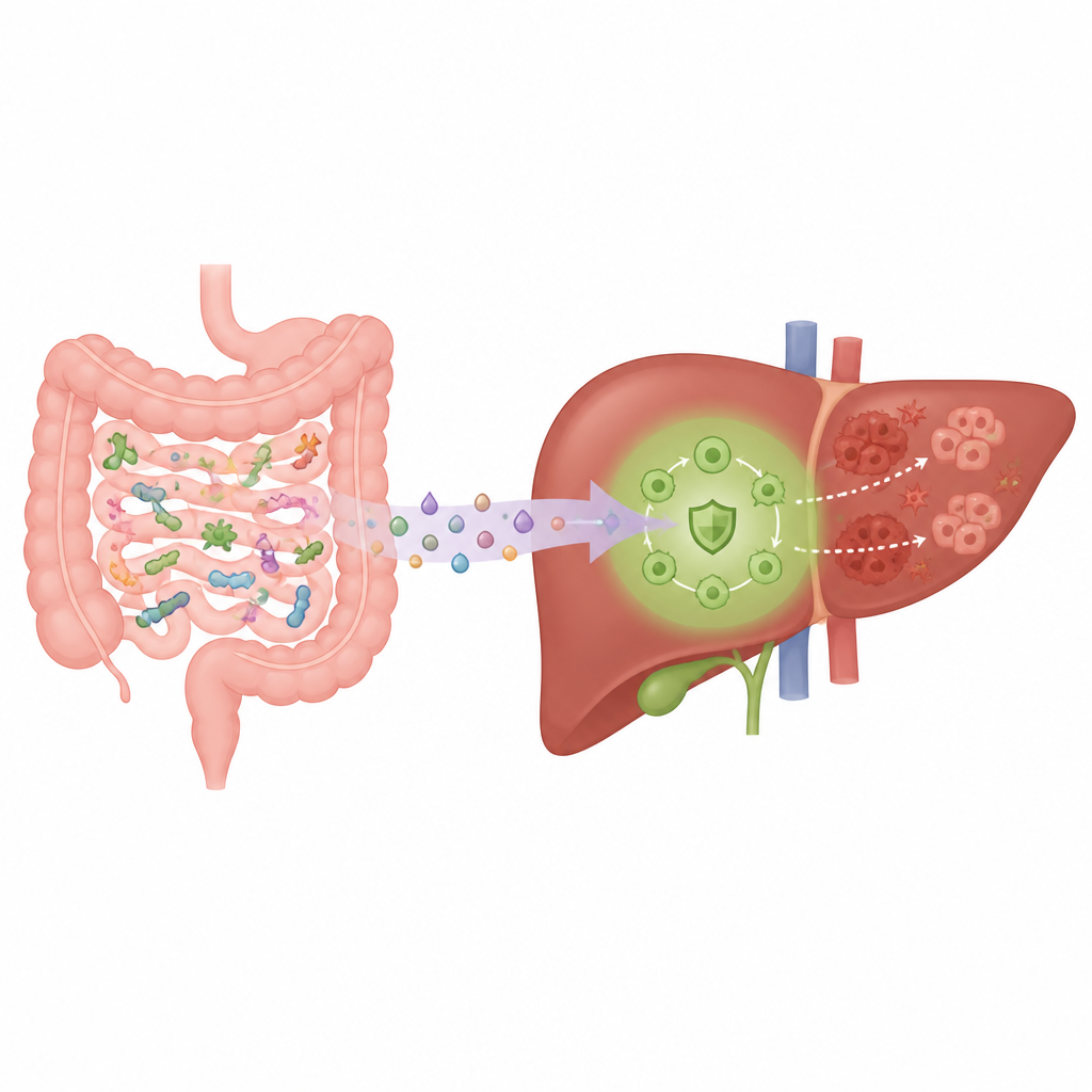 Figure 1. Darmbacteriën sturen een klein molecuul naar de lever dat een natuurlijke zelfreinigende schild tegen medicatieschade inschakelt.