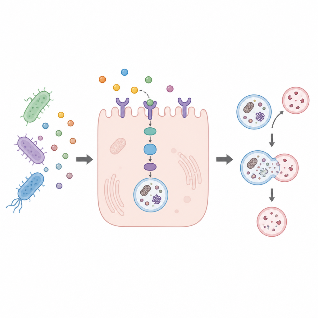 Figure 2. Een door microben gemaakt molecuul bindt leverreceptoren, activeert een route en zet opruimblaasjes in gang om medicijnbeschadigde celonderdelen te verwijderen.