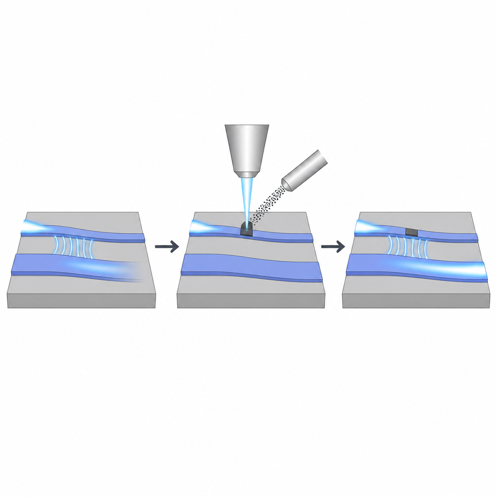 Figure 2. Ingrandire due guide d’onda accoppiate dove una piccola striscia di carbonio corregge e uniforma il flusso di luce tra di esse