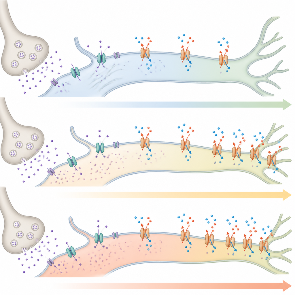 Figure 2. Natriumpumpen und Glutamattransporter in Astrozytenzweigen steuern, wie diese Zellen Kalium und Glutamat aufnehmen.