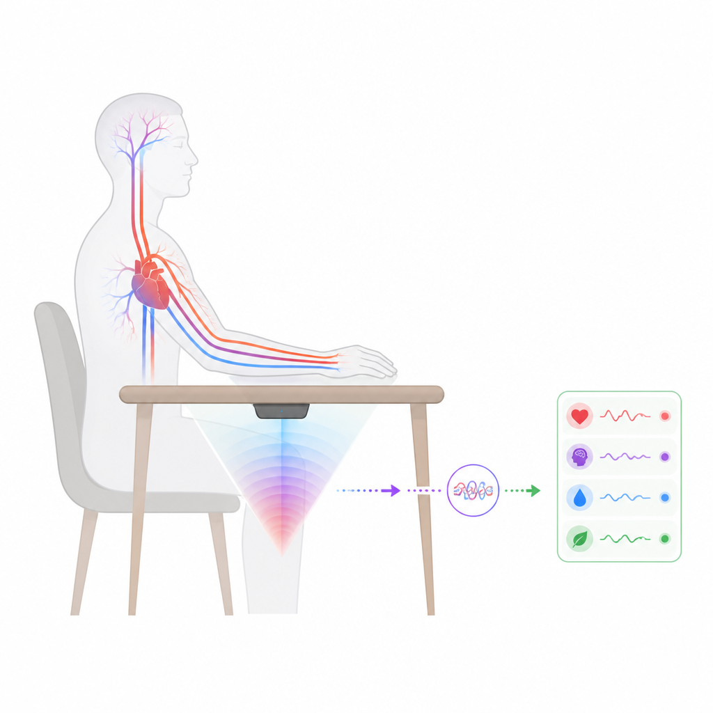 Figure 1. Un radar senza contatto osserva minimi movimenti del corpo per tracciare la tempistica del battito e la rigidità dei vasi in più punti contemporaneamente.
