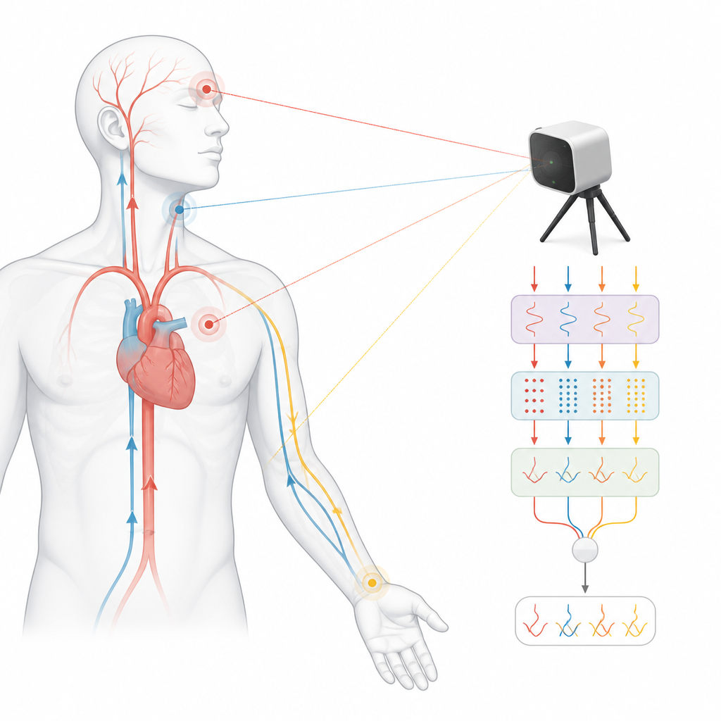 Figure 2. I fasci del radar e l’IA tracciano le onde cardiache dal torace e dalla testa fino a polso e collo per inferire la rigidità dei vasi e la pressione sanguigna.