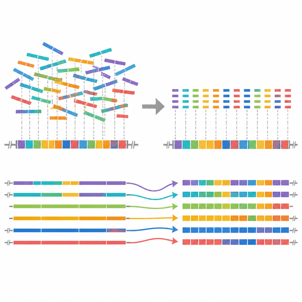 Figure 2. התמקדות בצביר גנים מסובך כדי להראות כיצד קריאות DNA ארוכות מפענחות חזרות וחושפות וריאנטים חבויים.