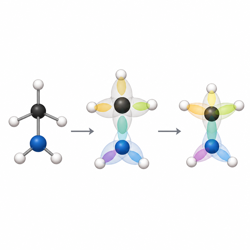 Figure 1. Atomik orbitaller arasındaki güçlü kuantum bağlarının, moleküllerde atomlar arasında çizilen sıradan bağları nasıl açığa çıkardığı.