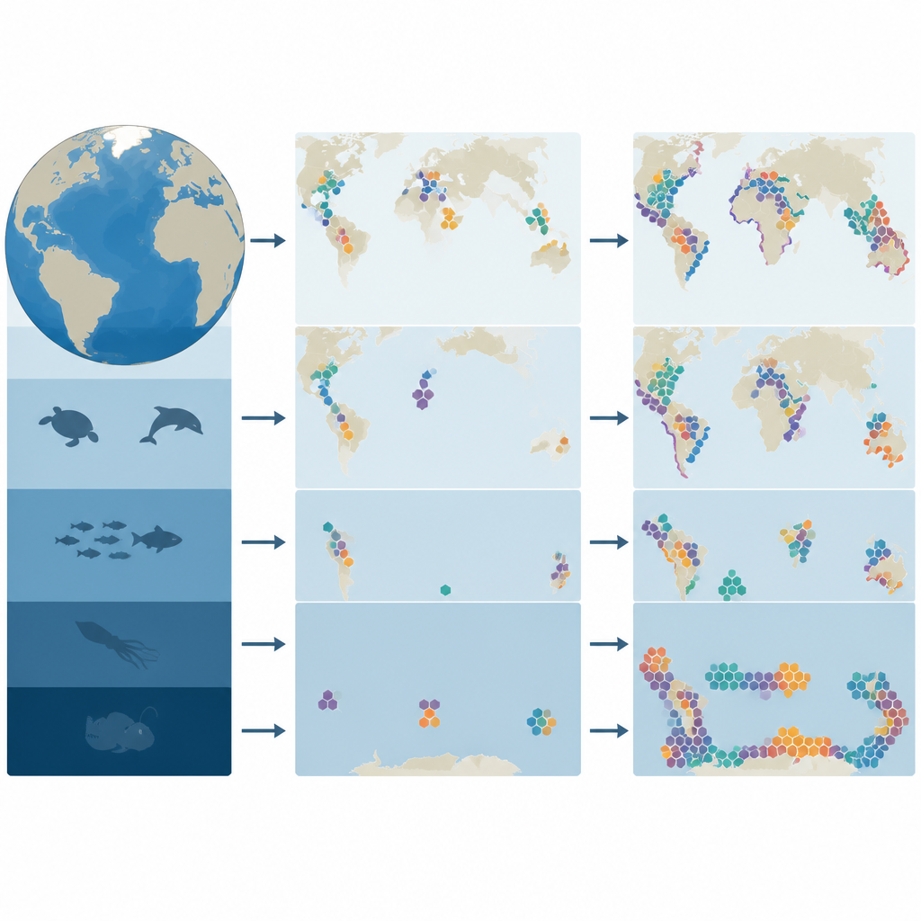 Figure 1. Globaler Überblick, wo das Leben im Ozean gut bekannt ist und wo vom Oberflächenwasser bis in die Tiefsee riesige blinde Flecken verbleiben.