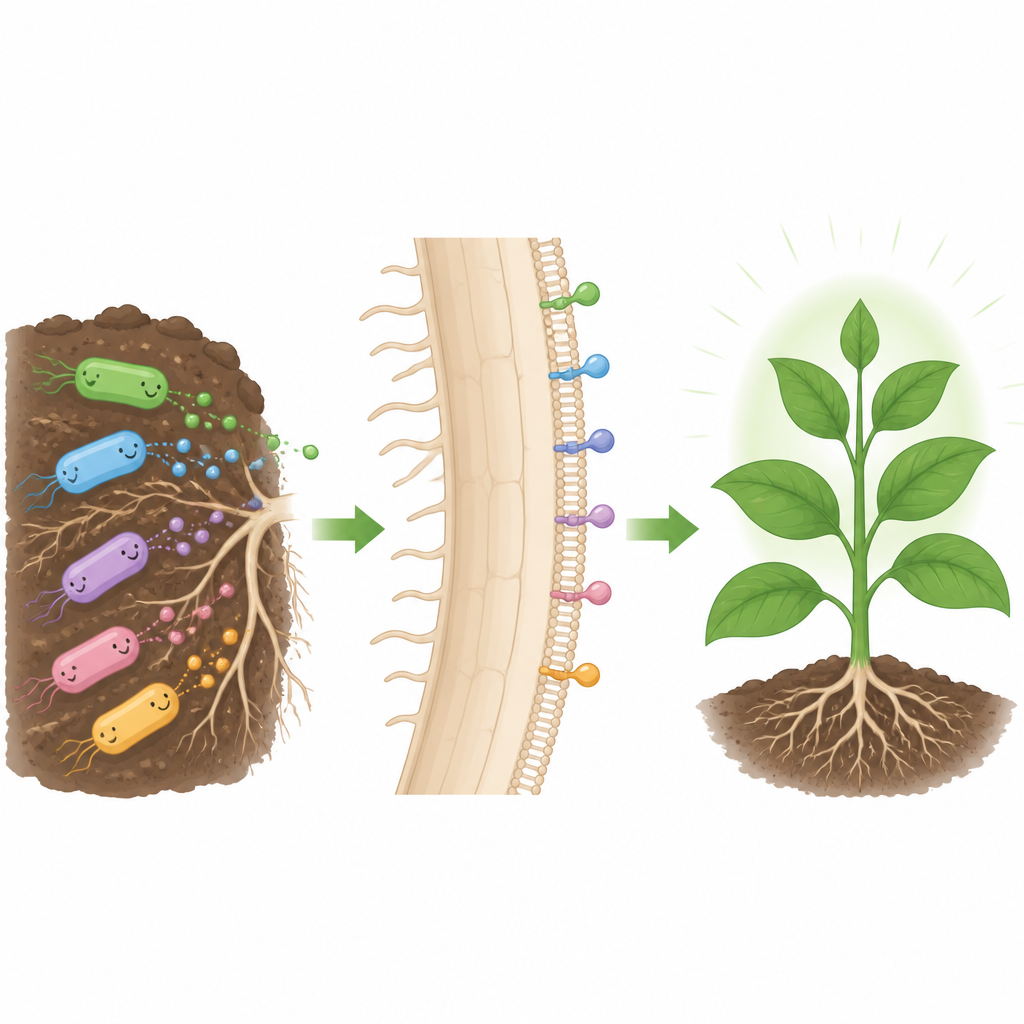 Figure 1. Vriendelijke bodembacteriën sturen lipopeptide‑signalen naar plantenwortels die de weerstand van de hele plant tegen schimmelaanvallen verhogen.
