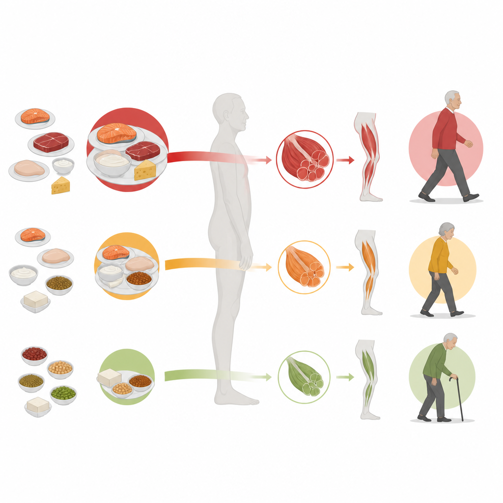 Figure 2. Cómo diferentes cantidades y fuentes de proteína afectan los músculos, la capacidad de caminar y el riesgo de caídas en adultos mayores