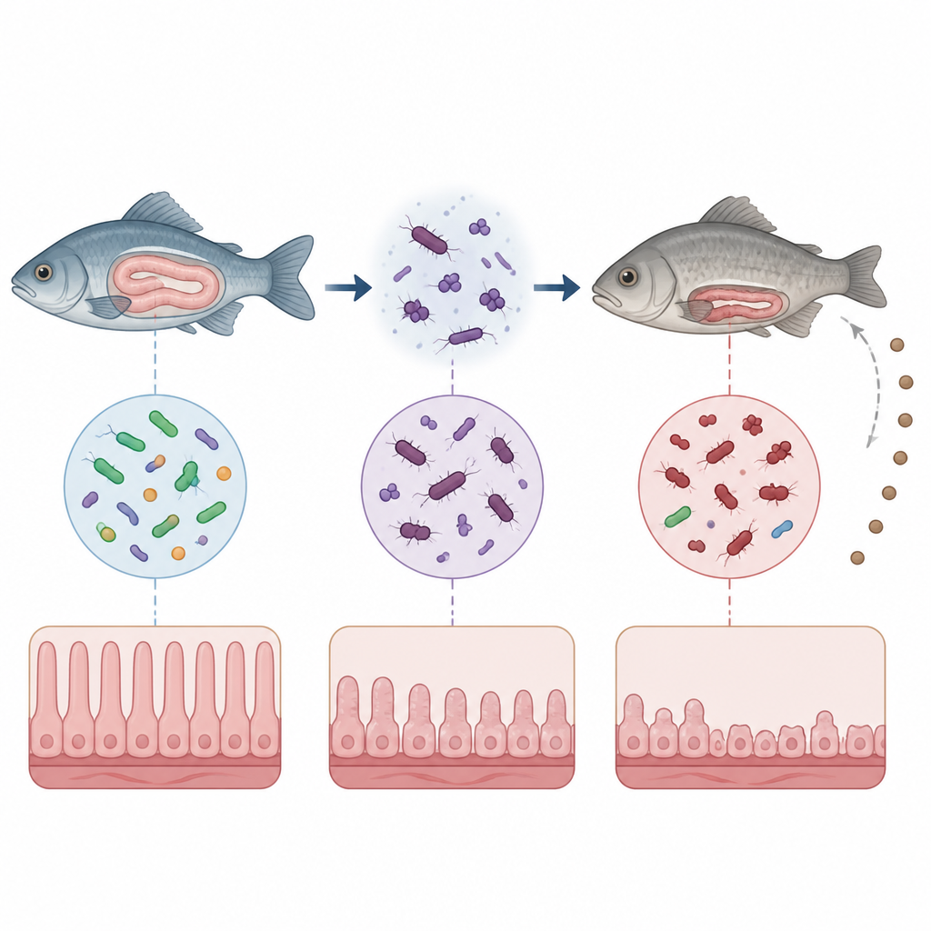 Figure 1. Un’infezione non intestinale rimodella i microbi intestinali dei pesci, indebolisce l’intestino e porta a scarso appetito.