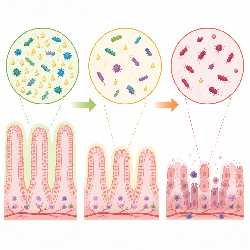 Figure 2. All’interno dell’intestino dei pesci, la perdita di un acido grasso prodotto dai microbi innesca la morte delle cellule intestinali e il danneggiamento del tessuto.