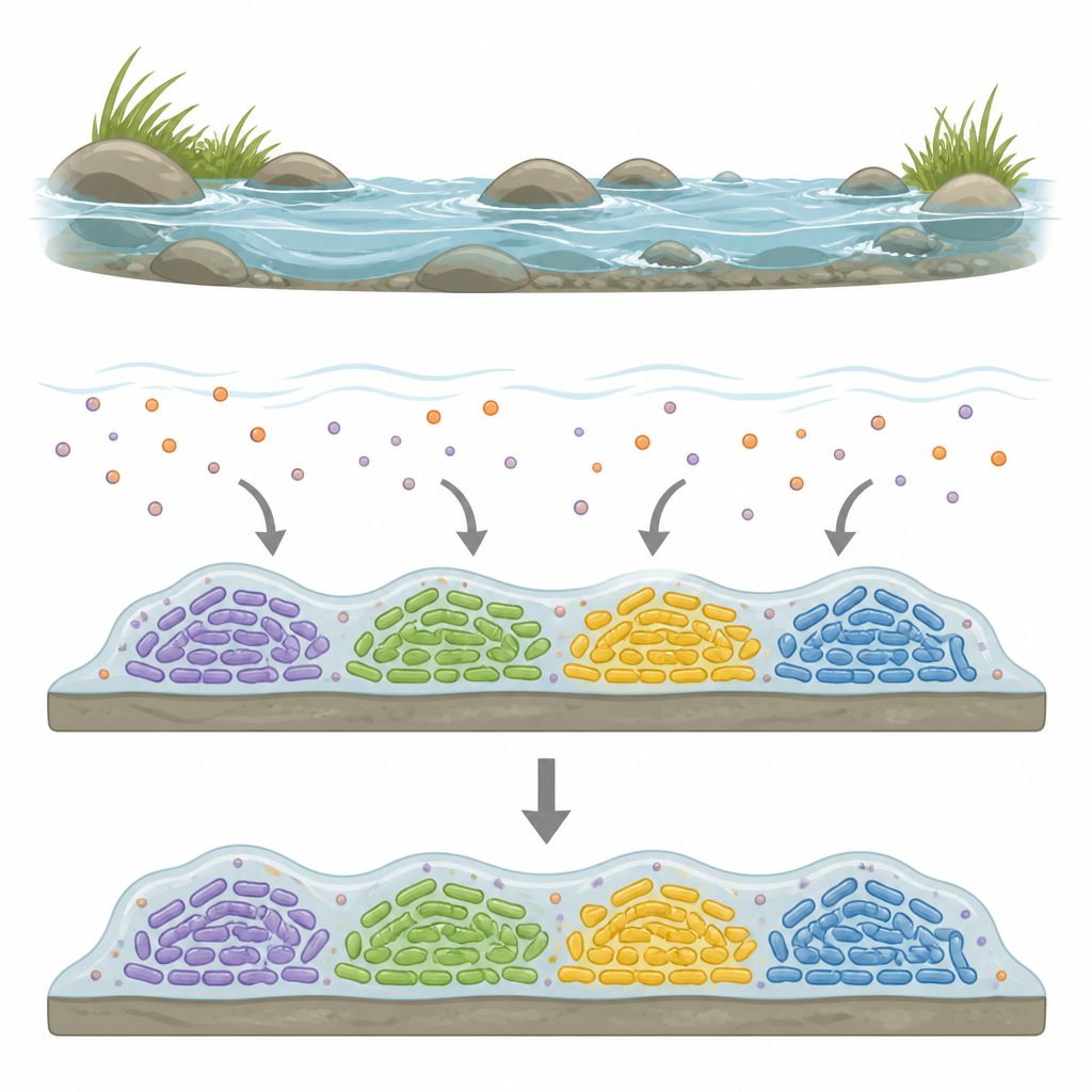 Figure 1. Wie Flussbakterien gemeinsam in schleimigen Filmen leben, während sie Medikamentenverschmutzung im Wasser ausgesetzt sind