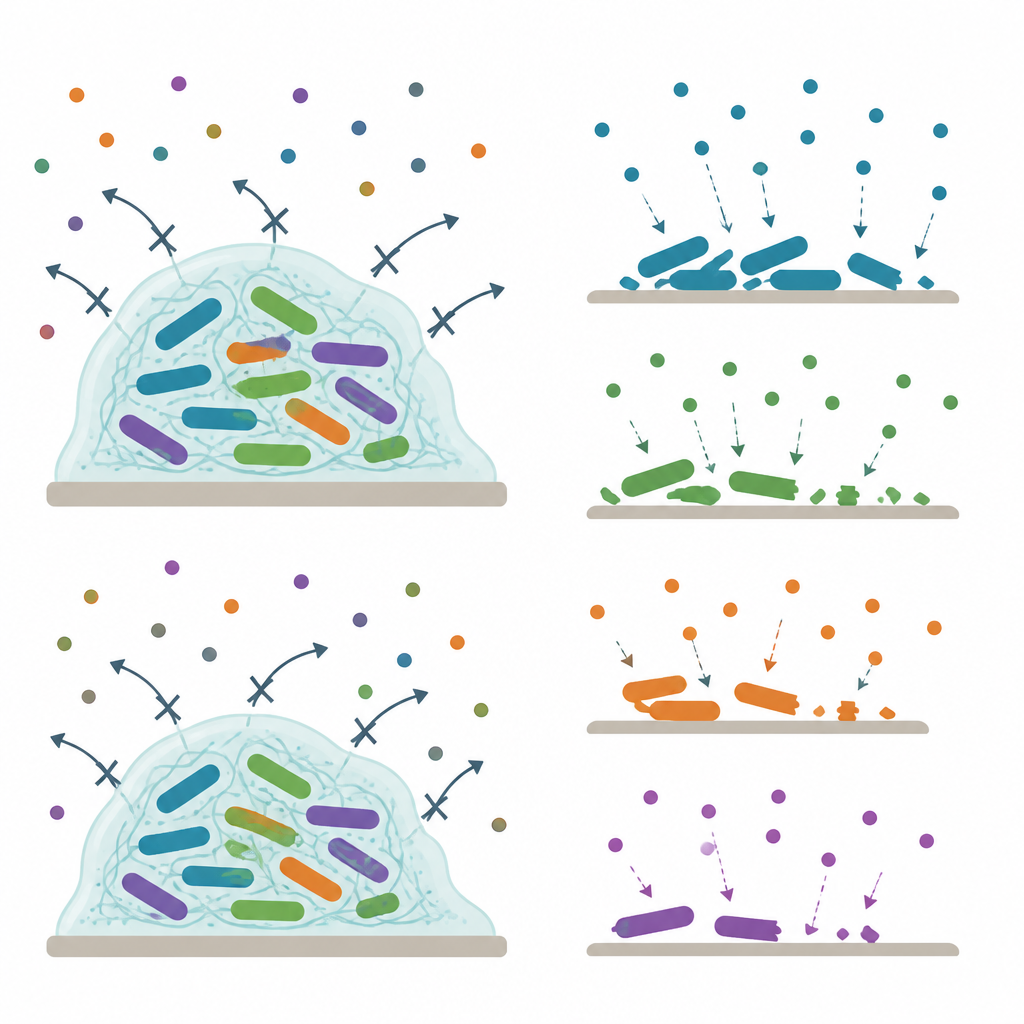 Figure 2. Wie gemischte bakterielle Filme empfindliche Arten vor Antibiotikapartikeln durch gemeinsame Schutzschichten abschirmen können