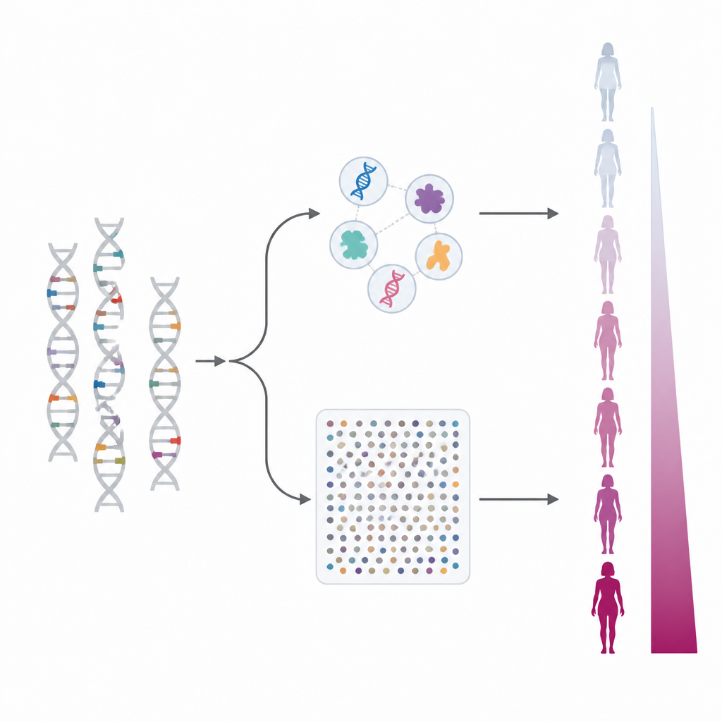 Figure 2. Hoe zeldzame genvarianten en vele kleine DNA-veranderingen samen het erfelijke risico op borstkanker bij Arabische vrouwen vormgeven.