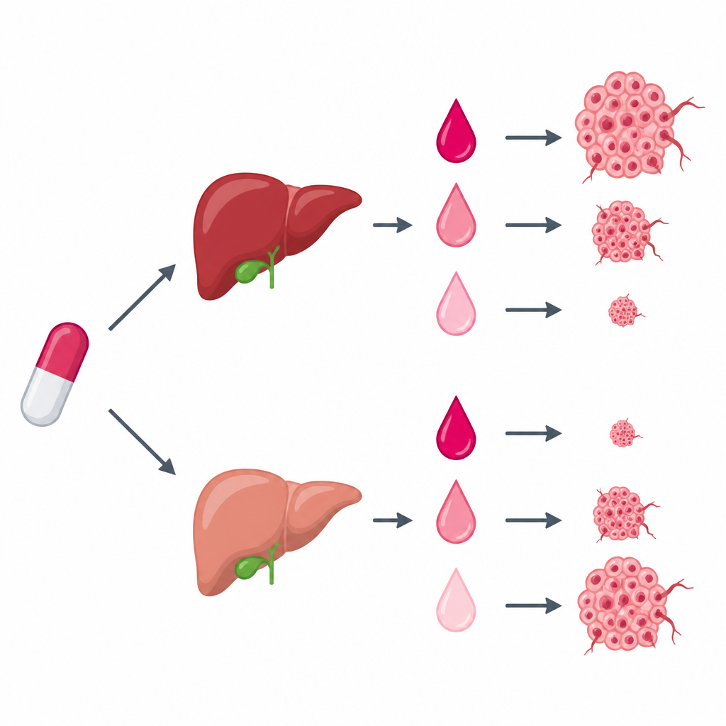 Figure 2. Come le differenze genetiche nel metabolismo epatico creano livelli alti o bassi del farmaco attivo che possono modificare l’efficacia del tamoxifene