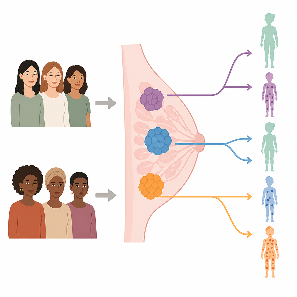 Figure 1. Как опухолевые типы, основанные на генах, помогают объяснить разрыв в выживаемости между чернокожими и белыми женщинами при распространённом раке груди.