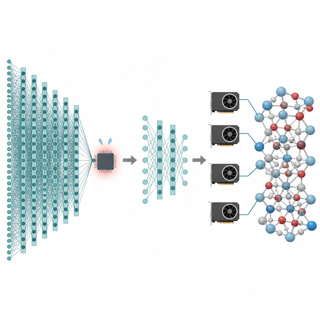 Figure 1. 高精度だが重い原子用AIモデルを簡素化し、大規模で現実的な材料シミュレーションを効率よく駆動できるようにする全体像。
