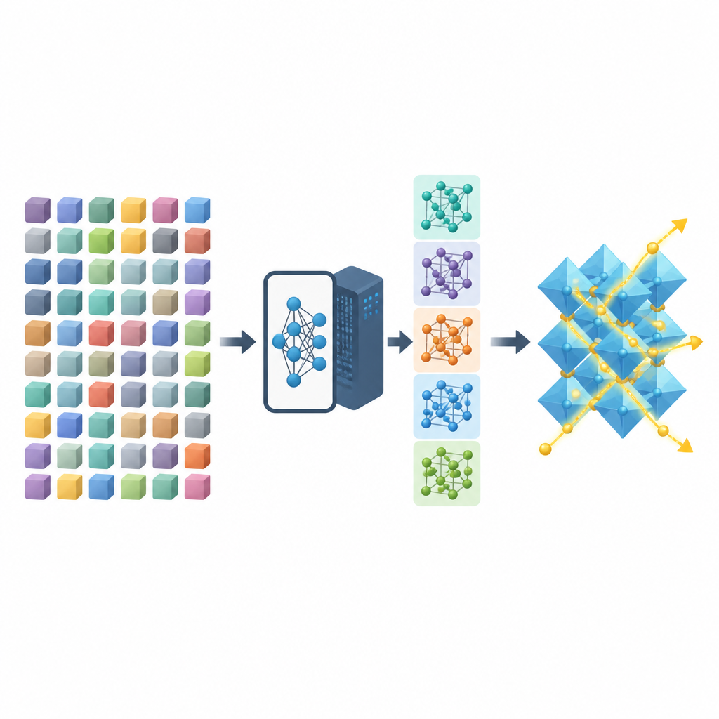 Figure 1. Un intelligente filtro informatico in due passaggi individua rapidamente materiali solidi per batterie che permettono agli ioni litio di muoversi con facilità.