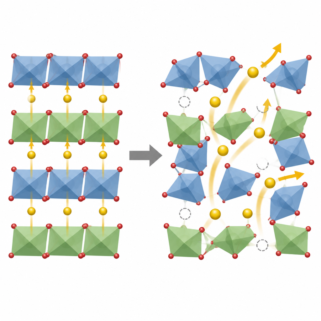 Figure 2. Le distorsioni del reticolo e i siti vuoti aprono percorsi più ampi che aiutano gli ioni litio a viaggiare più rapidamente attraverso un materiale solido.