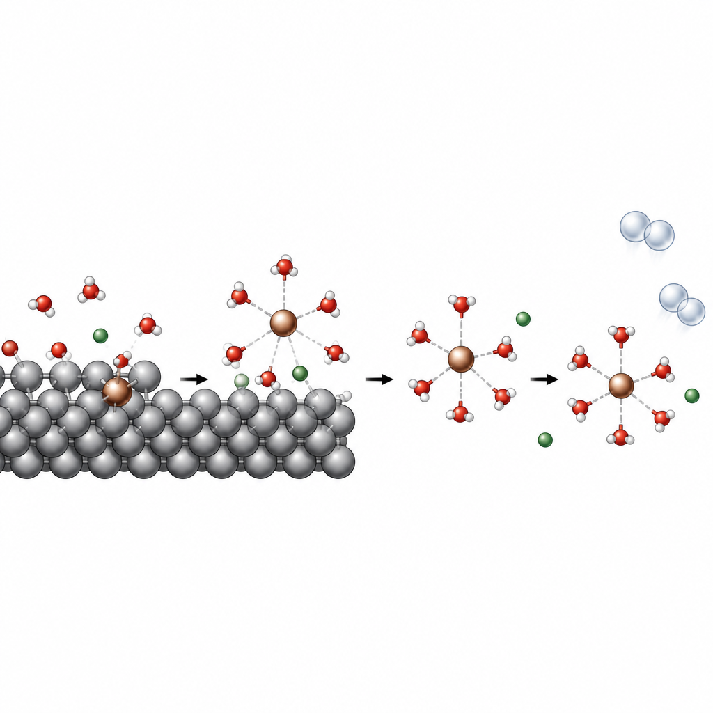 Figure 2. Tek tek demir atomlarının yüzeyi terk edip hidrate iyonlara dönüşürken hidrojenin nasıl oluştuğunun adım adım görüntüsü