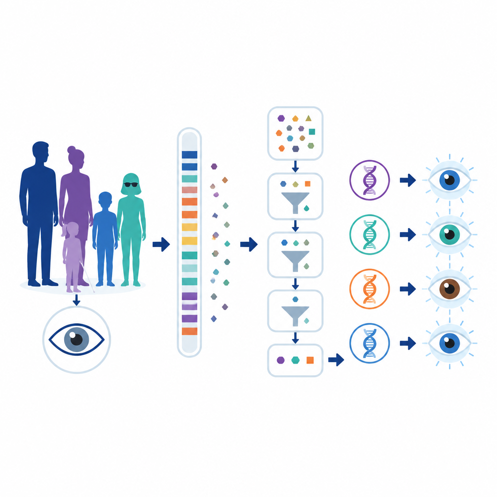 Figure 1. Come una pipeline genomica intelligente collega le variazioni del DNA dei pazienti alle cause della perdita ereditaria della vista