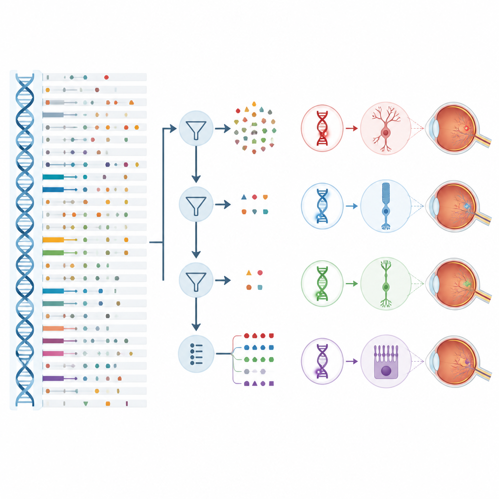 Figure 2. Come i dati genomici scorrono attraverso filtri stratificati per rivelare varianti patogeniche nei geni retinici