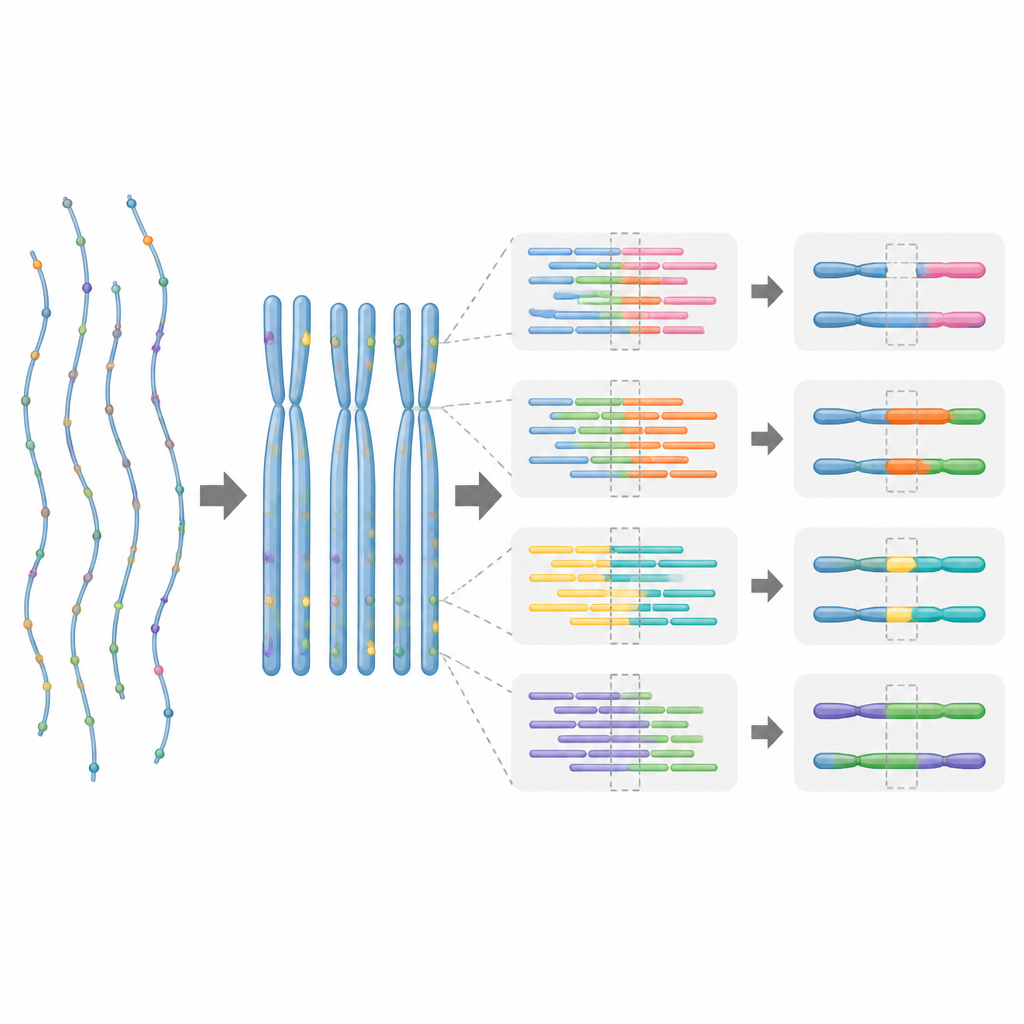Figure 2. Uzun DNA haritaları ile odaklanmış uzun-okuma sekansının birlikte çalışarak karmaşık kromozom kopma noktalarını nasıl saptadığını açıklar.