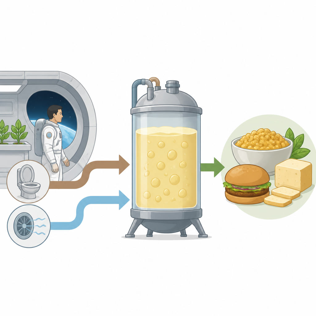 Figure 1. Hefebasierte Reaktoren verwandeln Astronautenabfälle und Kabinenluft in frische Nahrung für lange Raumflüge.