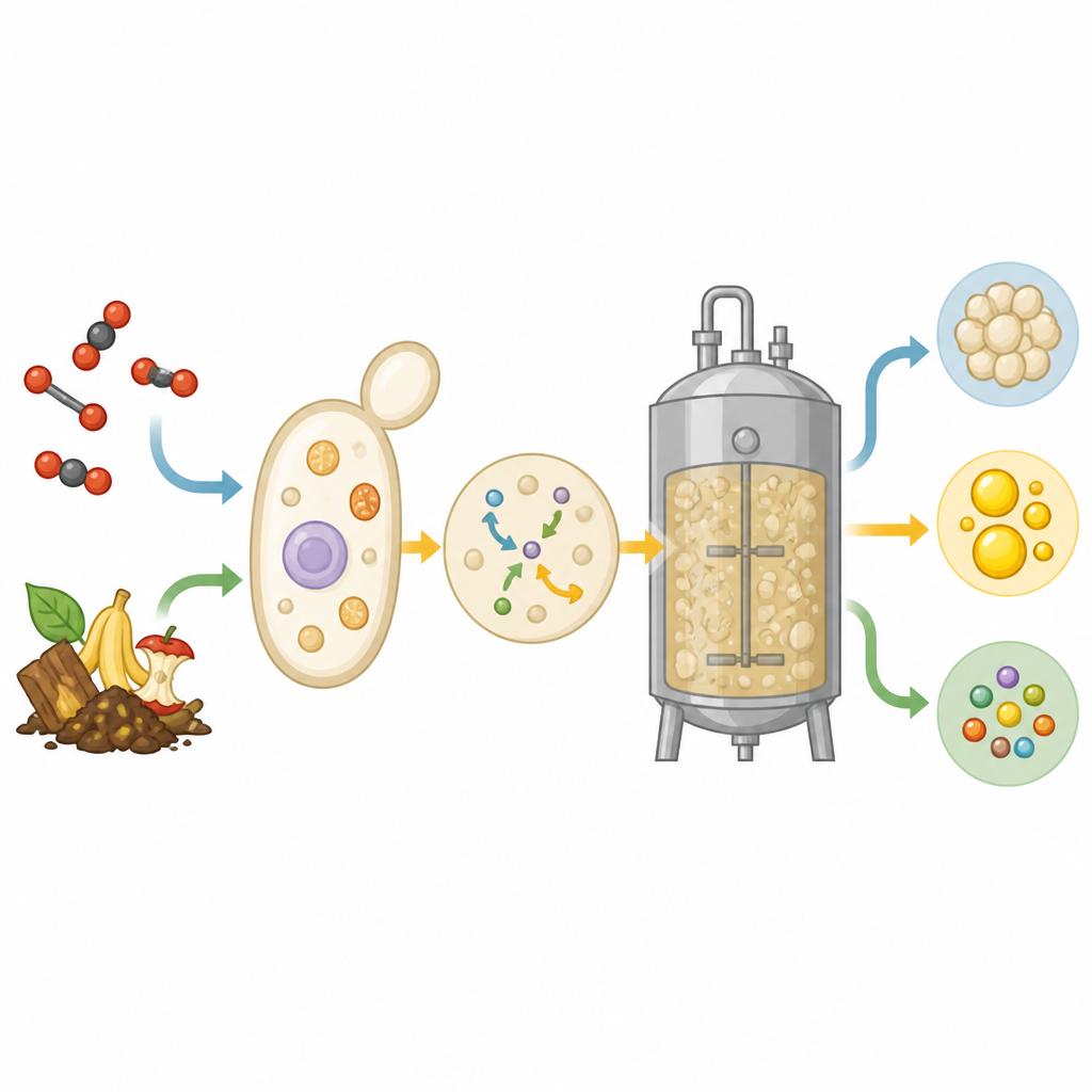 Figure 2. Schrittweise Umwandlung von Kohlendioxid und organischen Abfällen in Proteine, Fette und Vitamine in hefebetriebenen Bioreaktoren.