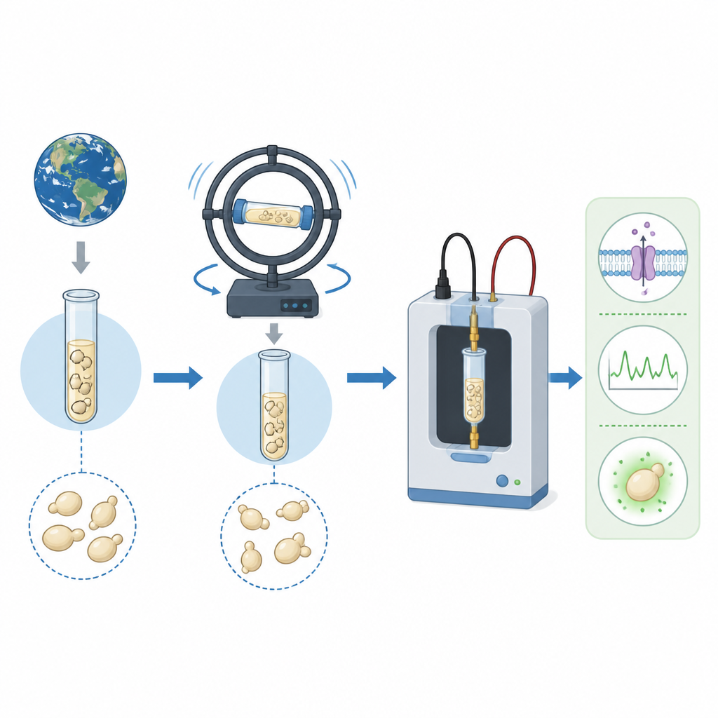 Figure 1. Le cellule di lievito vengono fatte ruotare sulla Terra per imitare l’assenza di peso spaziale, quindi vengono analizzate elettricamente per rivelare come cambiano le loro proprietà.