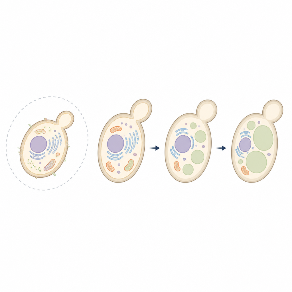 Figure 2. Cellule di lievito ingrandite mostrano come la loro superficie esterna e la struttura interna si modificano passo dopo passo sotto l’assenza di peso simulata.