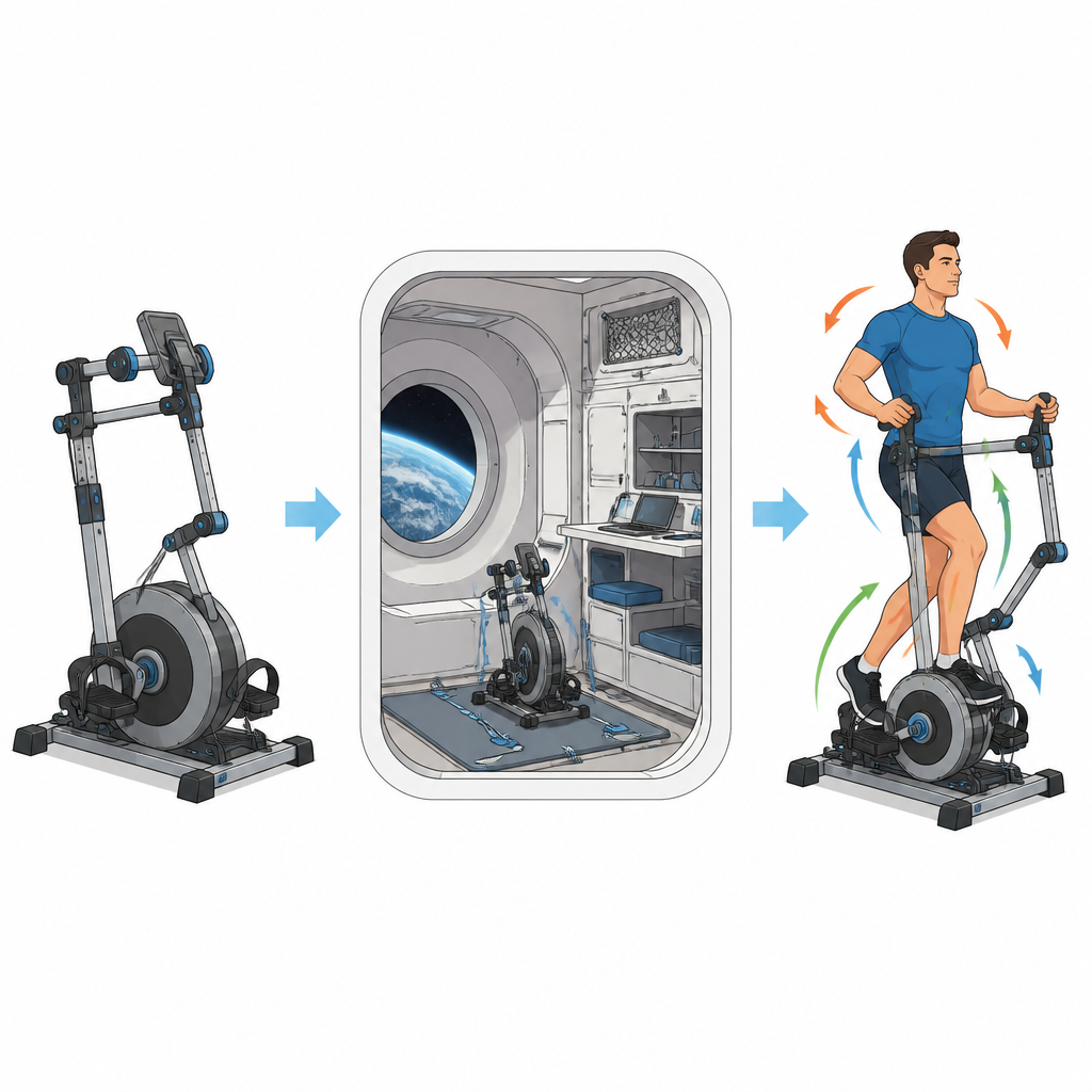 Figure 1. How a small cable-and-flywheel machine can keep astronauts exercising in tight, low-power spacecraft.