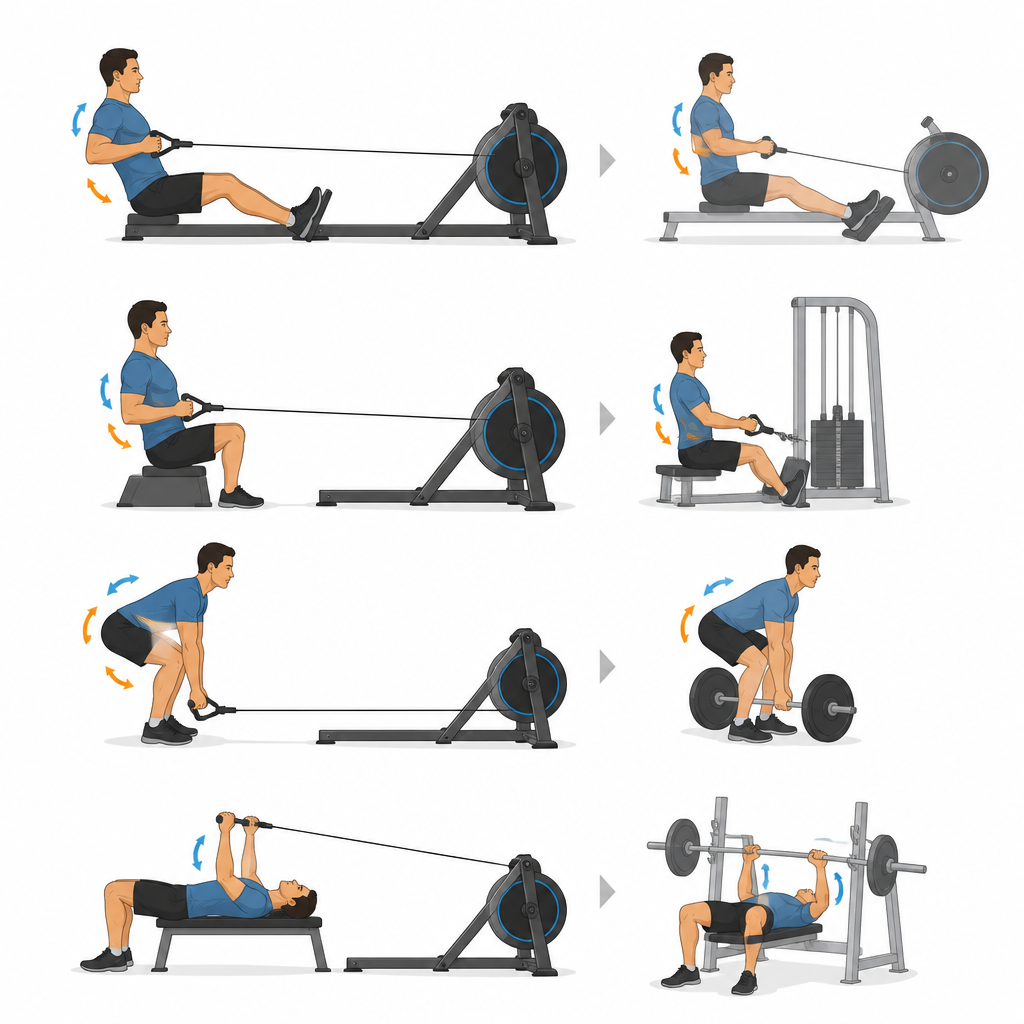 Figure 2. How one device supports rowing, pulling, lifting and pressing with body motions similar to standard gym machines.