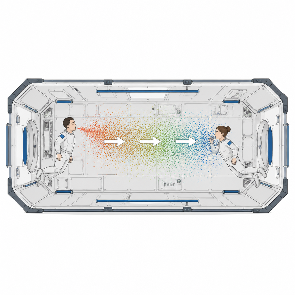 Figure 1. Wie schwebende Luft in einer Raumstation es Viruspartikeln erlaubt, sich anzureichern und das Infektionsrisiko zwischen Astronauten zu erhöhen.