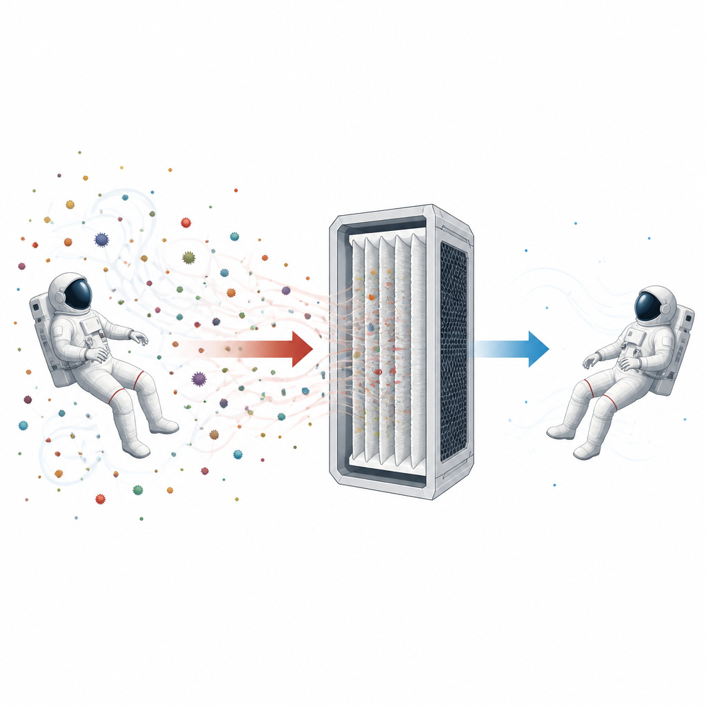 Figure 2. Wie ein Filtersystem in einer Raummikrofon Luft mit Viren ansaugt und deutlich sauberere Luft zurückführt, um Astronauten zu schützen.