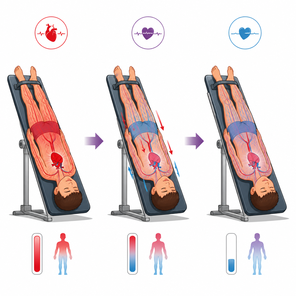 Figure 2. Schritt-für-Schritt-Einblick, wie sich das Herz eines Kindes über eine Stunde Kopf-unter-Neigung anpasst, während sich Körperflüssigkeiten nach oben verlagern.
