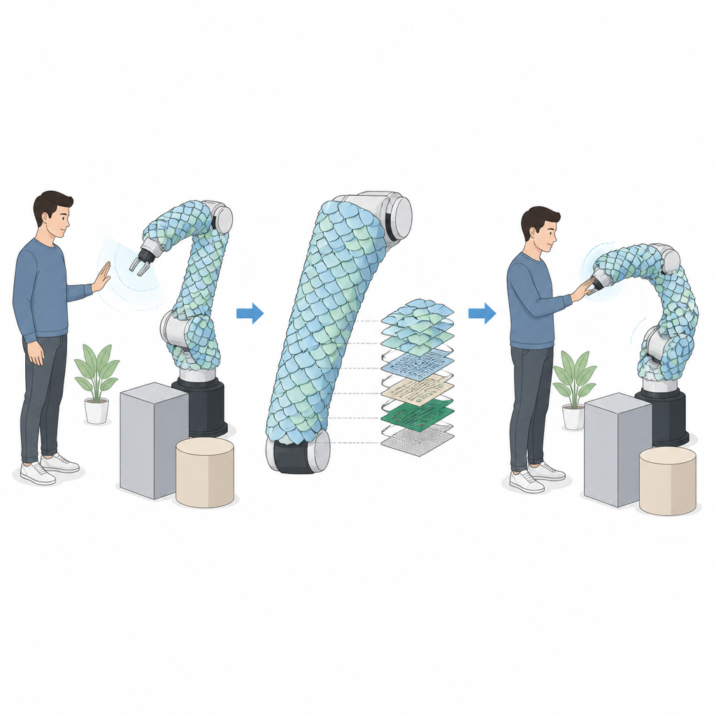 Figure 1. İnsanlara ve engellere daha güvenli ortak çalışma alanları sağlamak için yakındaki insanları ve engelleri algılayan, balık puluna benzeyen origami e-deriyle kaplanmış robot kol.